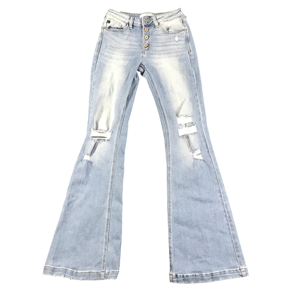 KanCan Womens High Rise Distressed Flare Jeans Light Wash Button Fly Distressed
